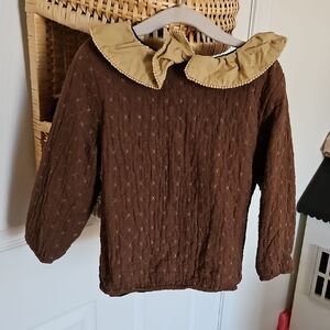 Brown Quilted Kids Shirt with Ruffled Collar Fleece Lined
